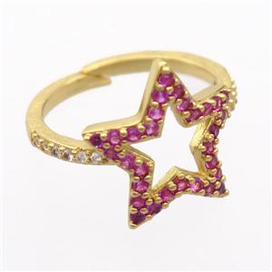 copper Rings pave zircon, resizable, star, gold plated, approx 17mm, 17mm dia