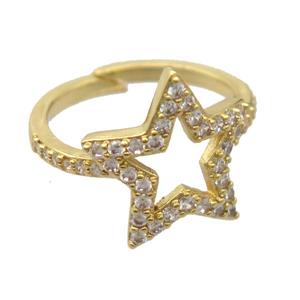 copper Rings pave zircon, resizable, star, gold plated, approx 17mm, 17mm dia