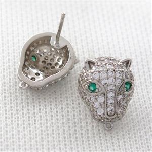 copper Studs Earrings pave zircon, foxhead, platinum plated, approx 13-15mm