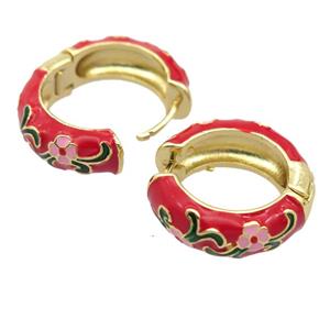 copper Hoop Earrings with red enameled, gold plated, approx 25mm dia