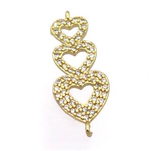 copper heart connector pave zircon, gold plated, approx 10-20mm