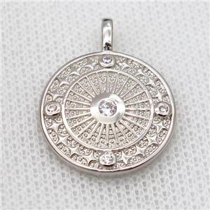 copper circle pendant pave zircon, platinum plated, approx 20mm dia