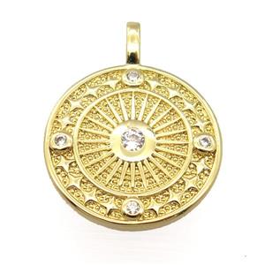 copper circle pendant pave zircon, gold plated, approx 20mm dia