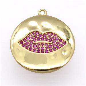 copper lip pendant pave zircon, gold plated, approx 24mm dia