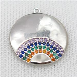 copper circle pendant pave zircon, rainbow, platinum plated, approx 24mm dia