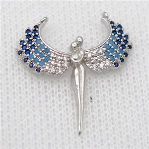 copper pendant pave zircon, angel wings, platinum plated, approx 24-26mm