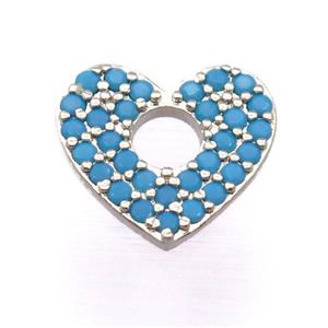 copper heart pendant pave zircon, platinum plated, approx 12-13mm