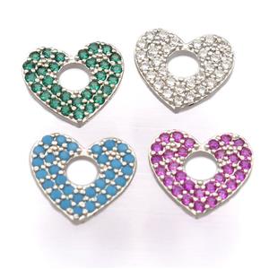 copper heart pendant pave zircon, platinum plated, mixed, approx 12-13mm