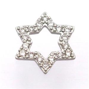 copper david star pendant pave zircon, platinum plated, approx 15-16mm