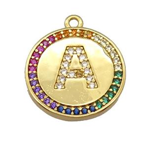 copper circle pendant pave zircon, letter, gold plated, approx 16mm dia