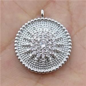 copper circle pendant pave zircon, platinum plated, approx 19mm dia