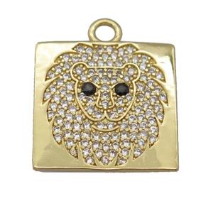 copper square pendant pave zircon, lionHead, gold plated, approx 20x20mm