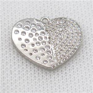 copper heart pendant pave zircon, platinum plated, approx 19-24mm