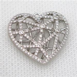 copper heart pendant pave zircon, hollow, platinum plated, approx 27-28mm