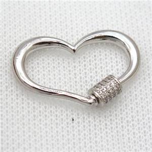 copper carabiner lock pendant pave zircon, heart, platinum plated, approx 20-31mm