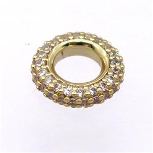 copper rondelle beads pave zircon, gold plated, approx 12mm, 7mm hole