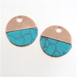 colorfast copper pendant paved turquoise, circle, rose gold, approx 15mm dia