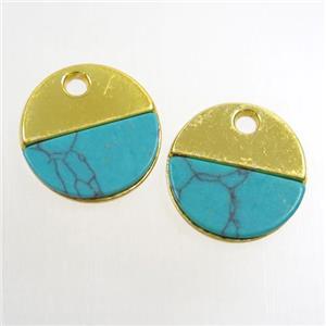 colorfast copper pendant paved turquoise, circle, gold plated, approx 15mm dia