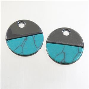 colorfast copper pendant paved turquoise, circle, black plated, approx 15mm dia