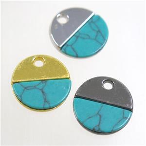 colorfast copper pendant paved turquoise, circle, mixed, approx 15mm dia