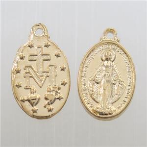 colorfast copper oval pendant, holy mary, gold plated, approx 12-17mm