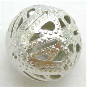 Round Filagree Beads, iron, platinum plated, hollow, 18mm diameter