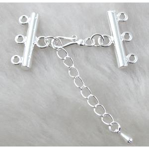 Silver Plated Copper Connector for Necklace, Nickel Free, 3-strands, clasp:7x17.5;chains:40mm;hanger:20mm 