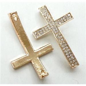 Bracelet bar, cross, alloy connector with rhinestone, duck-light gold, 23x38mm