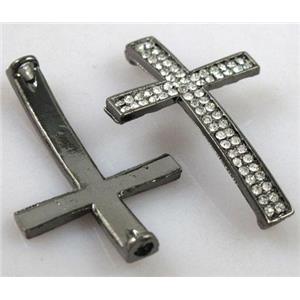 Bracelet bar, cross, alloy connector with rhinestone, black, 23x38mm