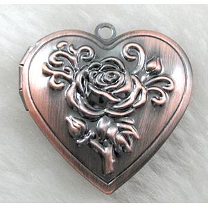 necklace pendant, heart Locket, copper, Red copper plated, 28mm dia, nickel free