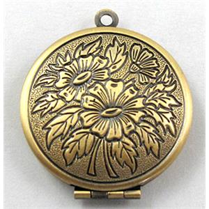 Locket, necklace pendant, flat-round, copper, bronze plated, 27mm dia, nickel free