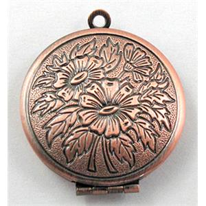 copper Locket, flat-round, necklace pendant, antique red, 27mm dia, nickel free