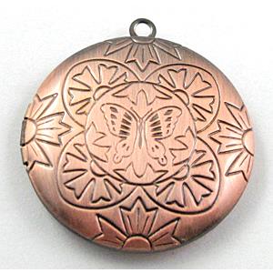 necklace Locket pendant, flat-round, copper, Red copper plated, 33mm dia, nickel free