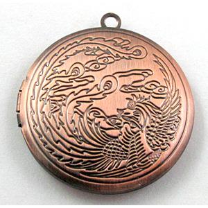necklace Locket pendant, copper, Red copper plated, 33mm dia, nickel free