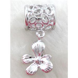 necklace hinged bail, pinch, flower, copper, platinum plated, 14mm wide, hole:10mm, pendant:16mm dia, bail wide: