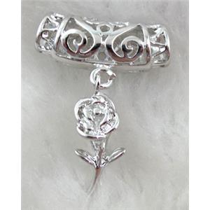 pinch hinged bail for necklace, flower, copper, platinum plated, 25mm wide, hole:5x6mm, pendant:10x20mm, bail wide: