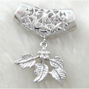 pinch hinged bail for necklace, leaf, copper, platinum plated, 30mm wide, hole:7x9mm, pendant:25x20mm, bail wide: