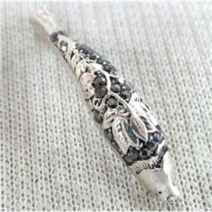bracelet bar, alloy tube paved rhinestone, antique silver, approx 3-7x39mm, 1.5mm hole