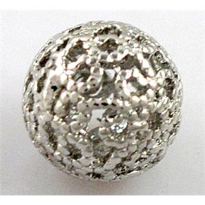 Hollow Alloy bead, round, platinum plated, 10mm dia