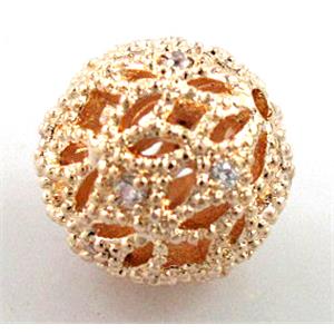 Hollow Alloy bead pave Zircon, round, lt.gold plated, 12mm dia