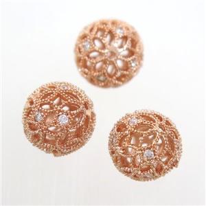 Hollow Alloy bead pave Zircon, round, rose gold, 10mm dia