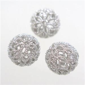 Hollow alloy bead pave Zircon, round, platinum plated, approx 14mm dia