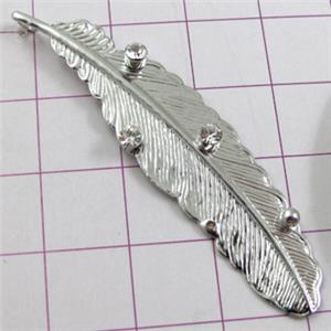 feather Pendants, copper, platinum plated, nickel free, 12x52mm, with Rhinestone
