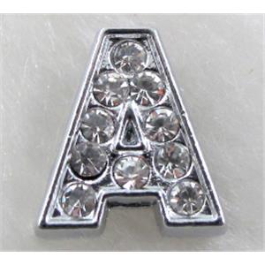 Alphabet Beads, A letter, paved rhinestone, 10x10mm, hole:8mm wide