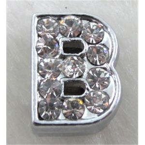 Alphabet beads, B letter, paved rhinestone, 10x10mm, hole:8mm wide