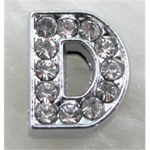 Alphabet beads, D-letter, rhinestone, 10x10mm, hole:8mm wide