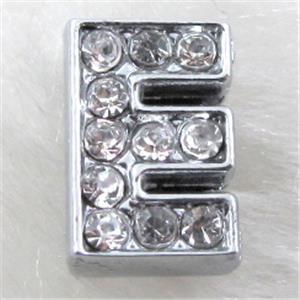 Alphabet beads, E-letter, rhinestone, 10x10mm, hole:8mm wide