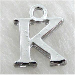 Alphabet pendants, K-letter, alloy, platimun plated, approx 9x13mm, nickel free