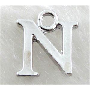 Alphabet pendants, N-letter, alloy, platimun plated, approx 9x13mm, nickel free