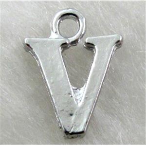 Alphabet pendants, V-letter, alloy, platimun plated, approx 9x13mm, nickel free